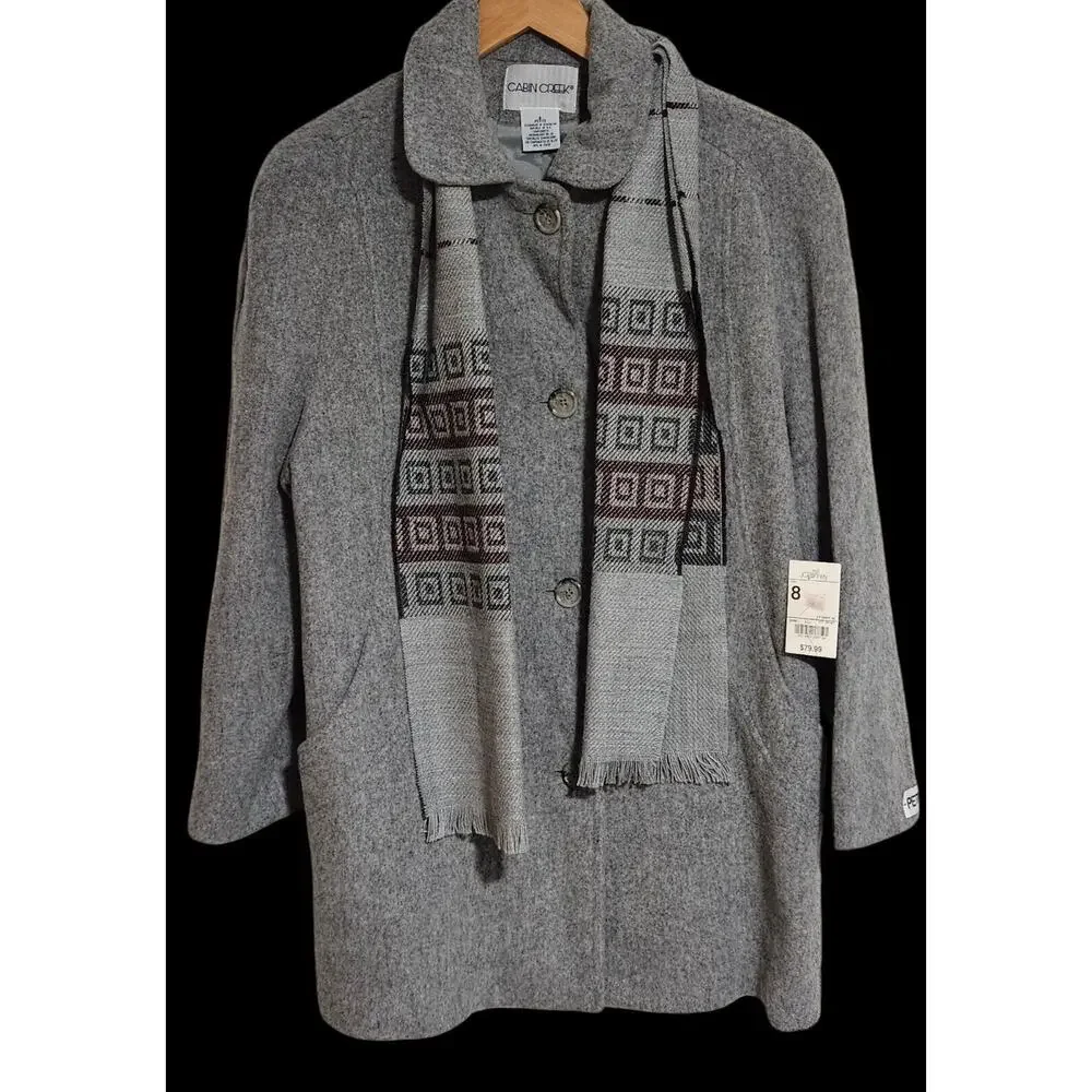 Vintage Cabin Creek Size 8P Grey Shell Wool Coat With Built In Scarf - Picture 1 of 4